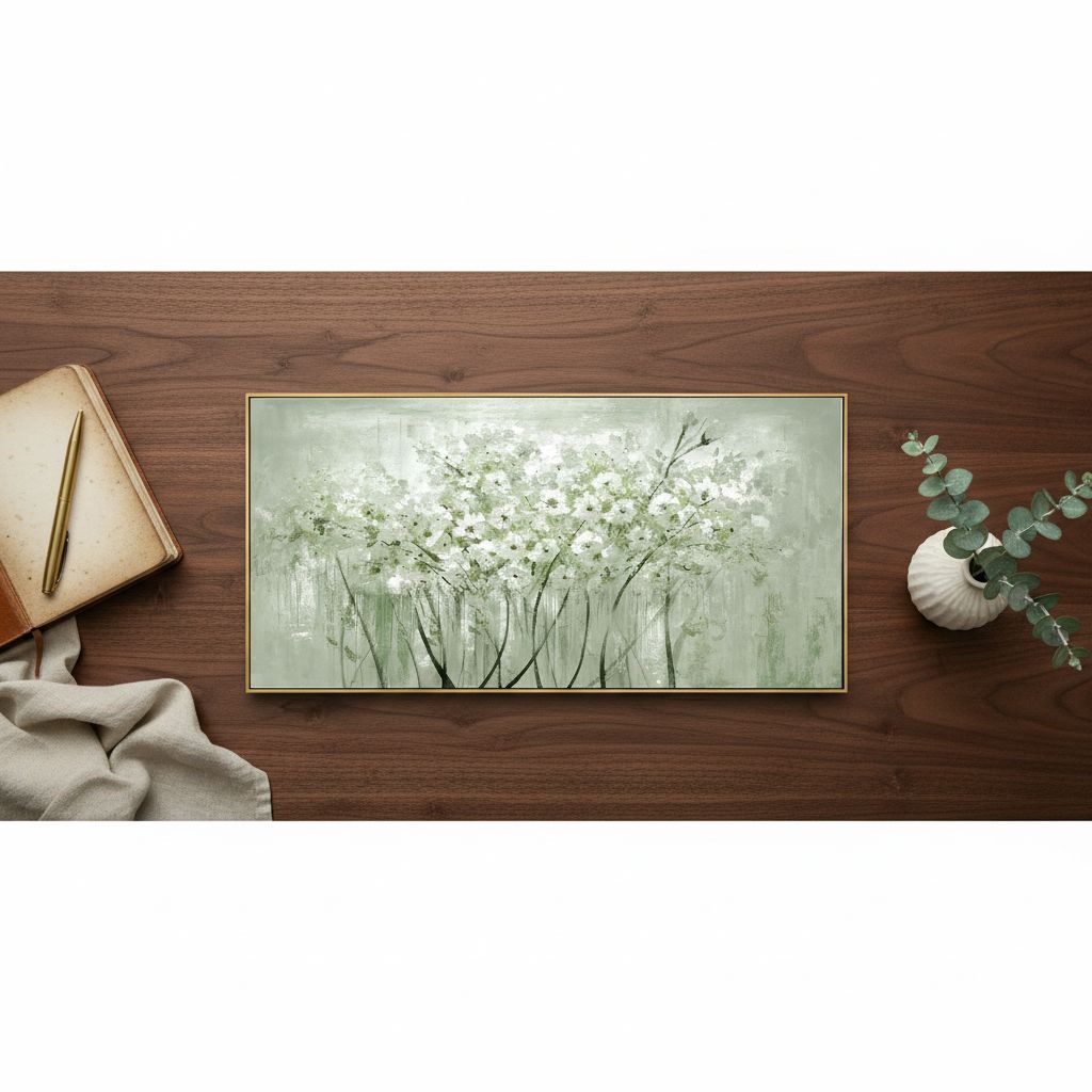 Large framed sage green botanical canvas wall art print featuring nature plant design, modern farmhouse style — hero view 2
