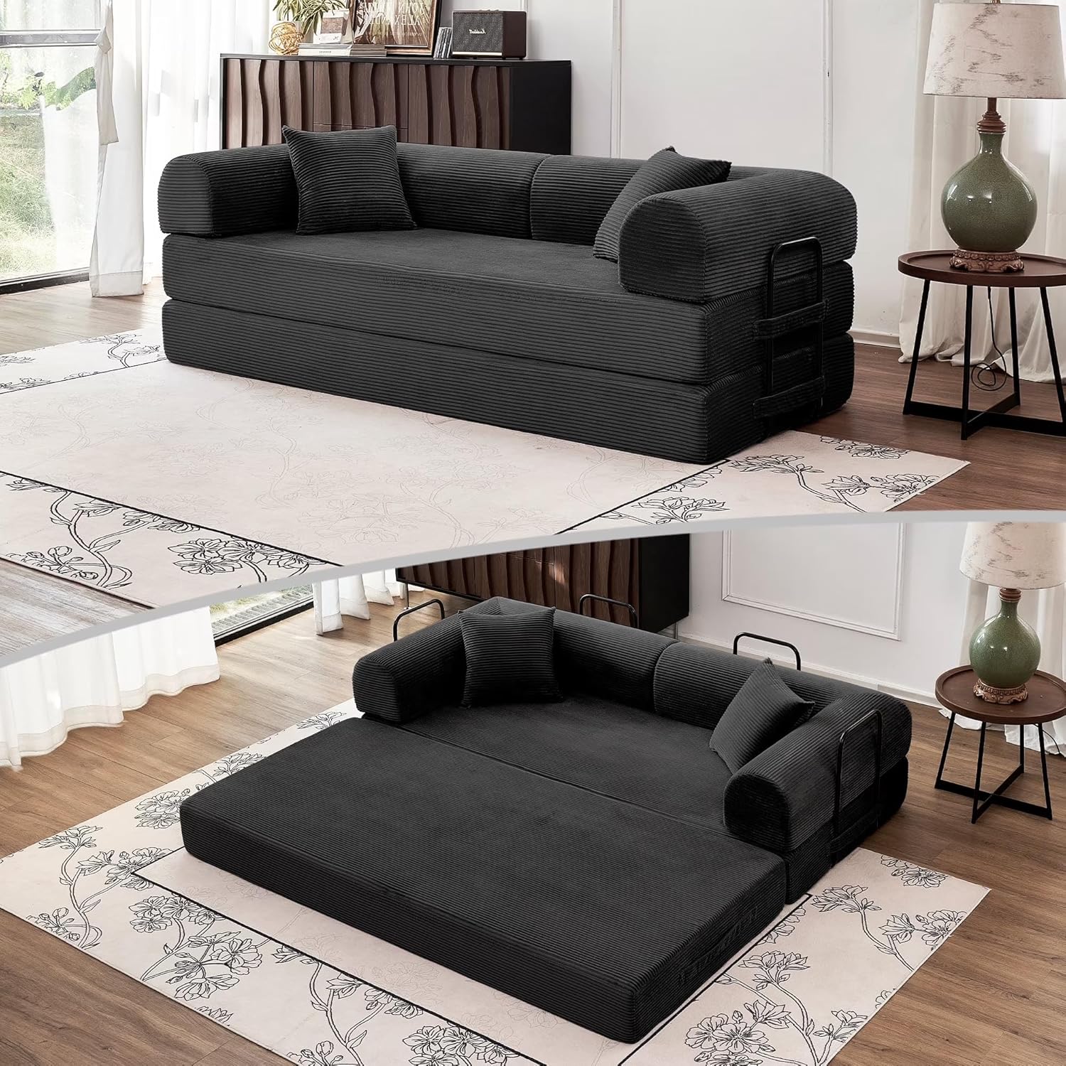 Black upholstered convertible sofa bed with foam cushioning in modern minimalist style, shown in {position} configuration — view 1