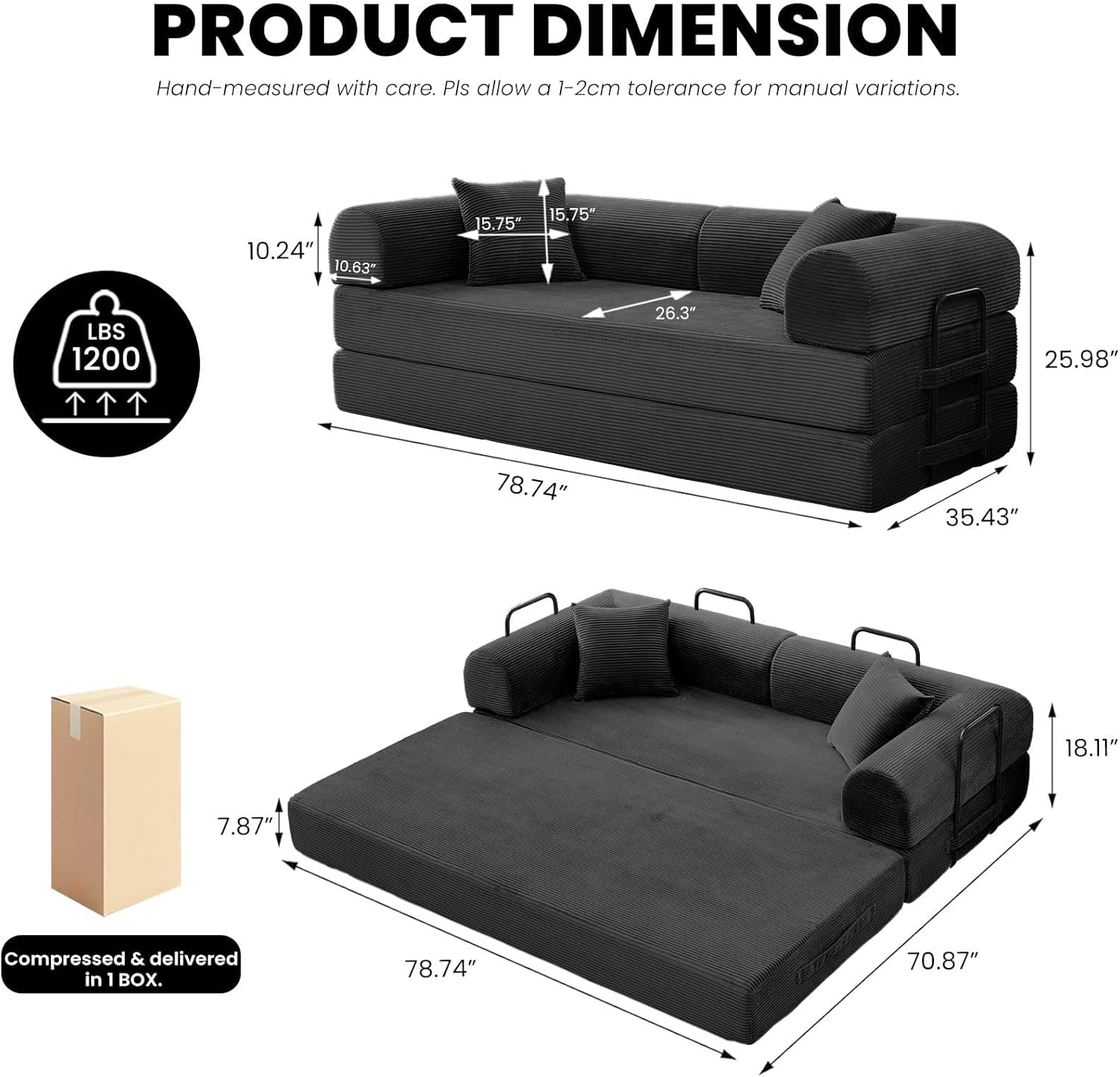 Black upholstered convertible sofa bed with foam cushioning in modern minimalist style, shown in {position} configuration — view 2