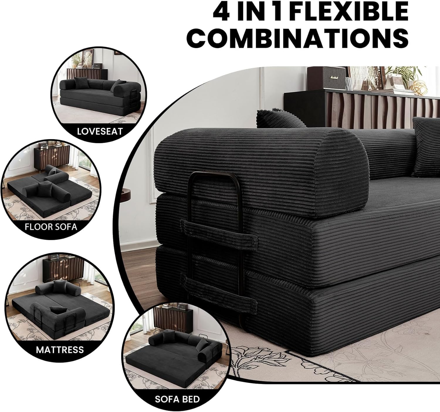Black upholstered convertible sofa bed with foam cushioning in modern minimalist style, shown in {position} configuration — view 3