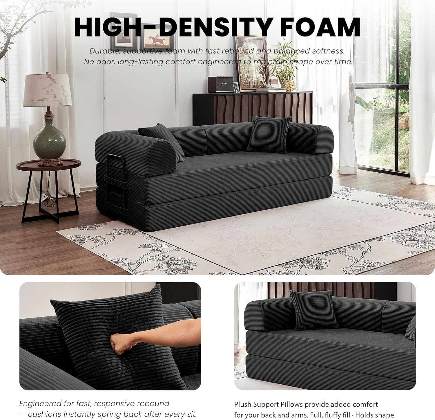 Black upholstered convertible sofa bed with foam cushioning in modern minimalist style, shown in {position} configuration — view 4