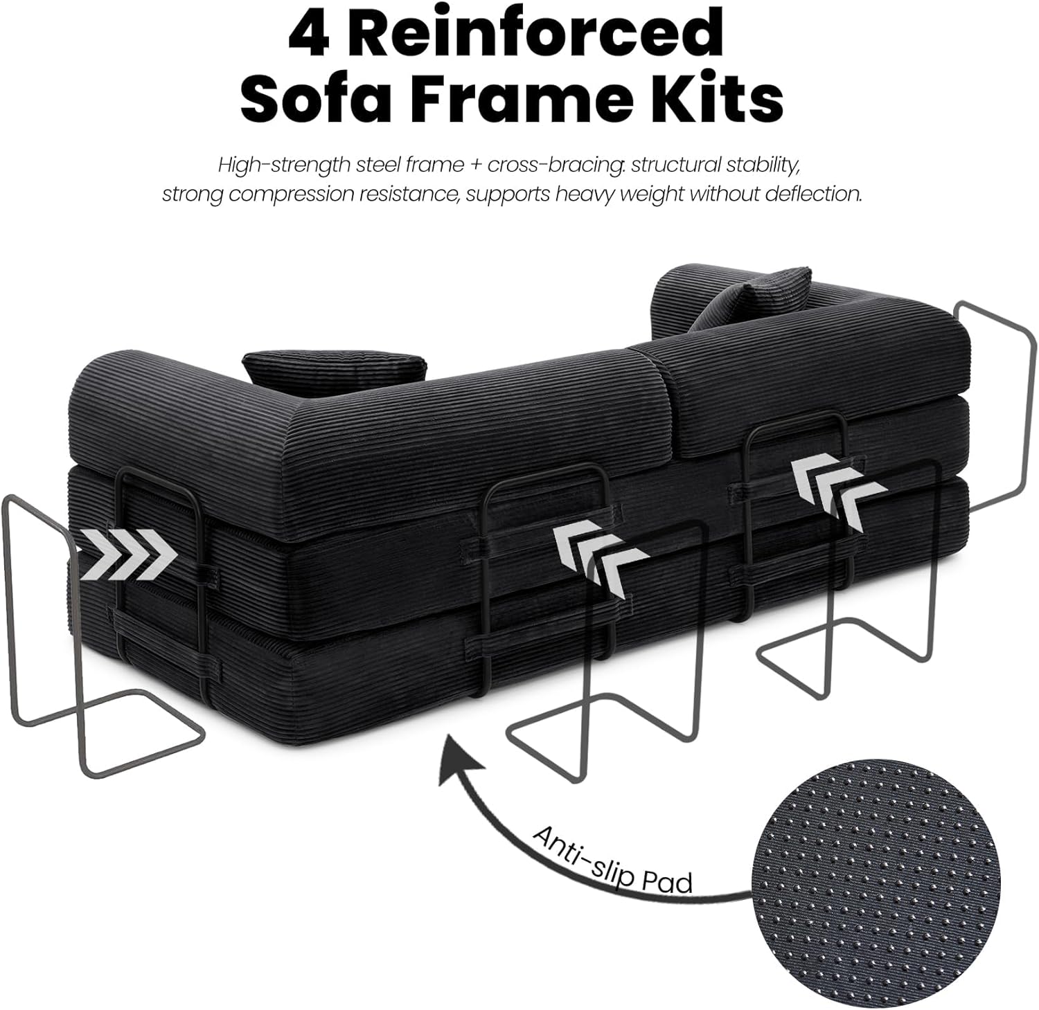 Black upholstered convertible sofa bed with foam cushioning in modern minimalist style, shown in {position} configuration — view 3
