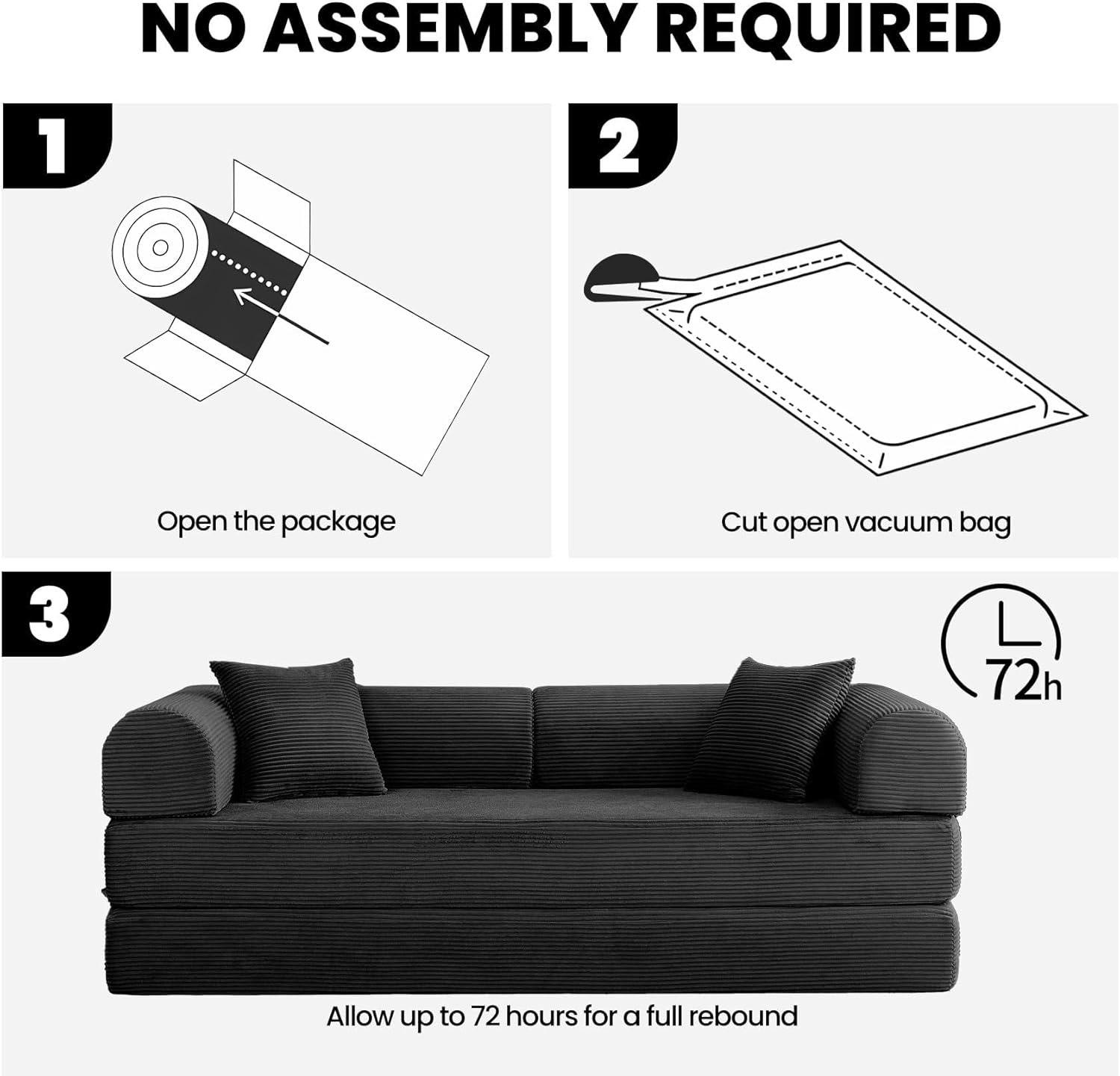 Black upholstered convertible sofa bed with foam cushioning in modern minimalist style, shown in {position} configuration — view 4
