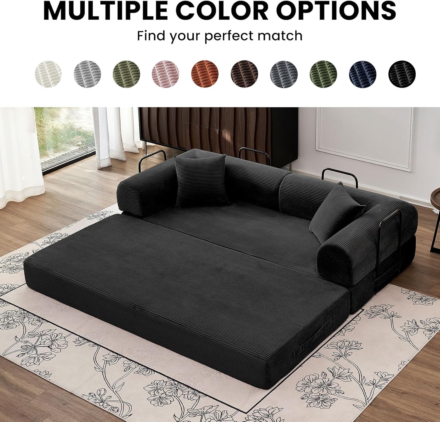 Black upholstered convertible sofa bed with foam cushioning in modern minimalist style, shown in {position} configuration — view 5
