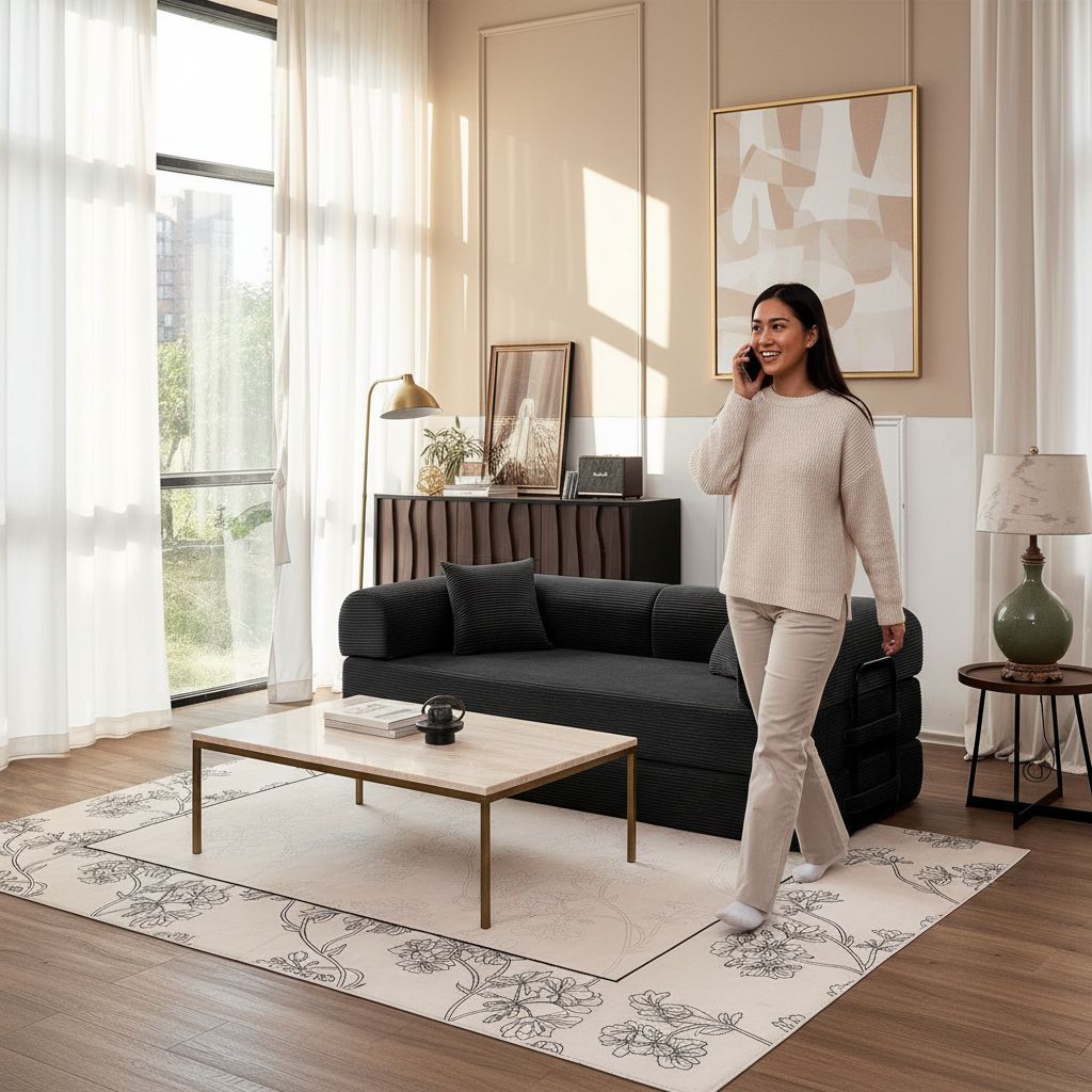 Black upholstered convertible sofa bed with foam cushioning in modern minimalist style, shown in {position} configuration — view 3b