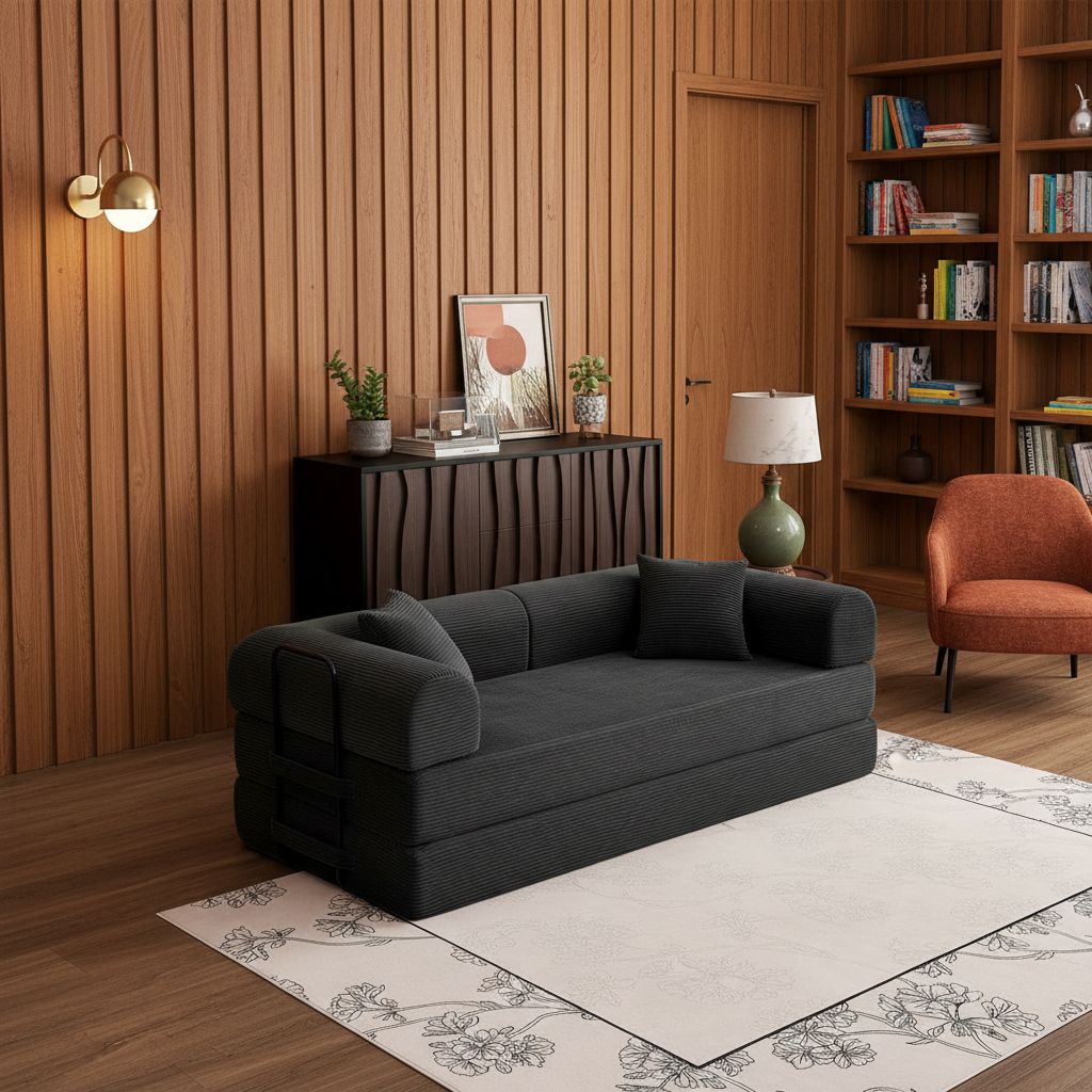 Black upholstered convertible sofa bed with foam cushioning in modern minimalist style, shown in {position} configuration — view 5b