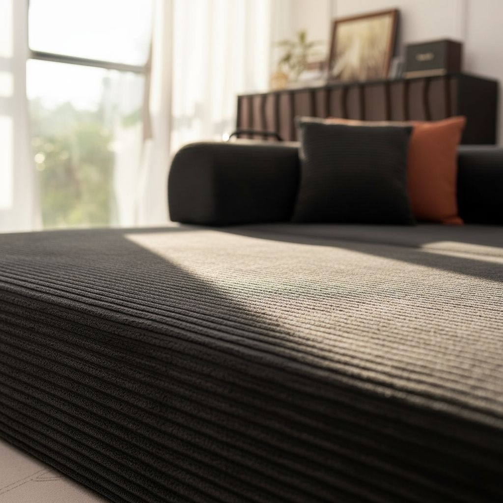 Black upholstered convertible sofa bed with foam cushioning in modern minimalist style, shown in {position} configuration — view 7