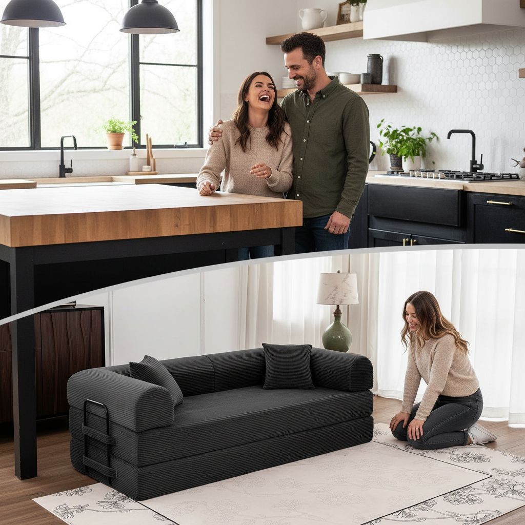 Black upholstered convertible sofa bed with foam cushioning in modern minimalist style, shown in {position} configuration — view 2