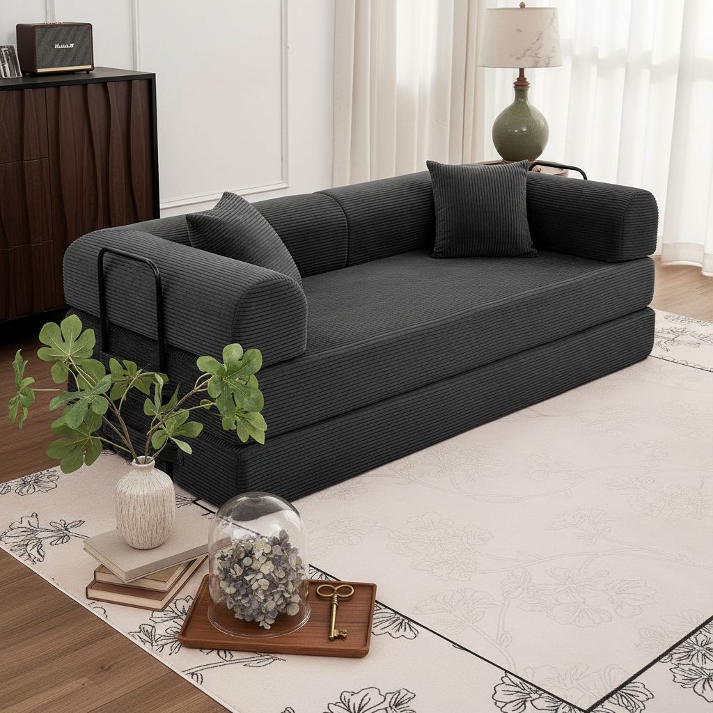 Black upholstered convertible sofa bed with foam cushioning in modern minimalist style, shown in {position} configuration — view 3a