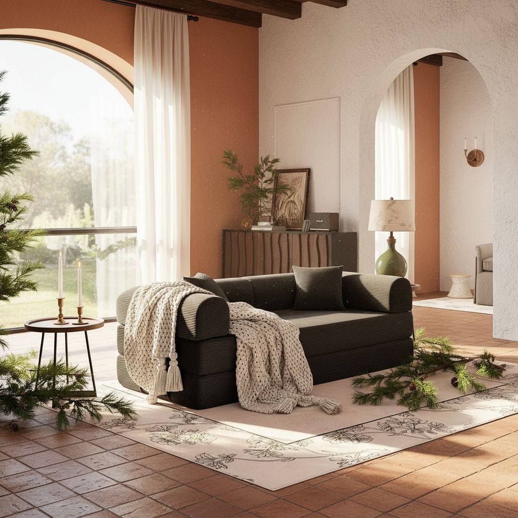 Black upholstered convertible sofa bed with foam cushioning in modern minimalist style, shown in {position} configuration — view 4