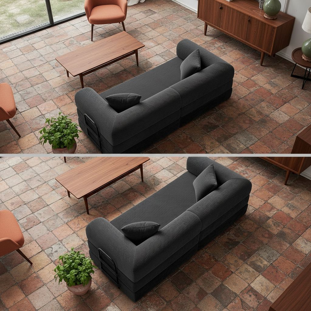Black upholstered convertible sofa bed with foam cushioning in modern minimalist style, shown in {position} configuration — view 5a
