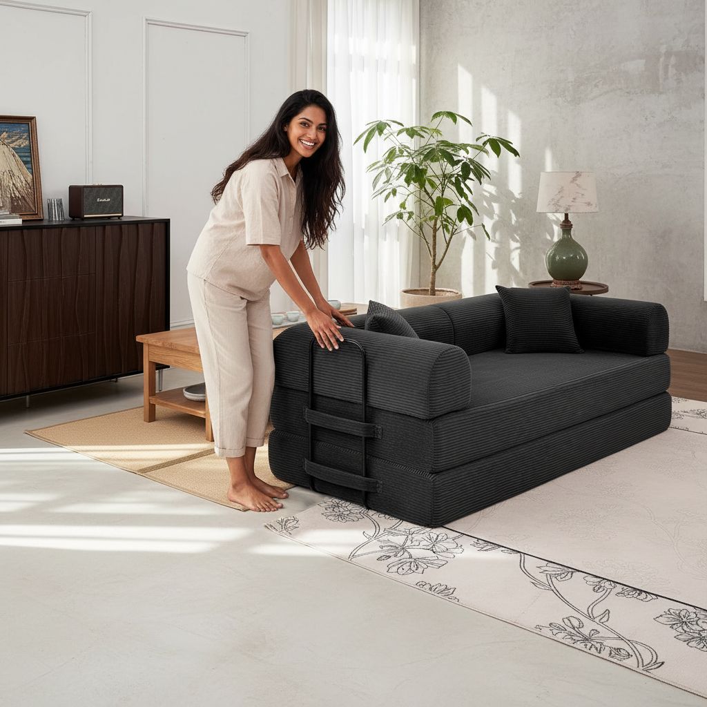 Black upholstered convertible sofa bed with foam cushioning in modern minimalist style, shown in {position} configuration — view 6