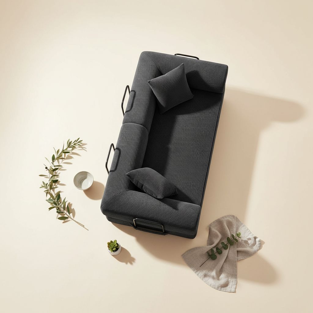 Black upholstered convertible sofa bed with foam cushioning in modern minimalist style, shown in {position} configuration — hero view 2