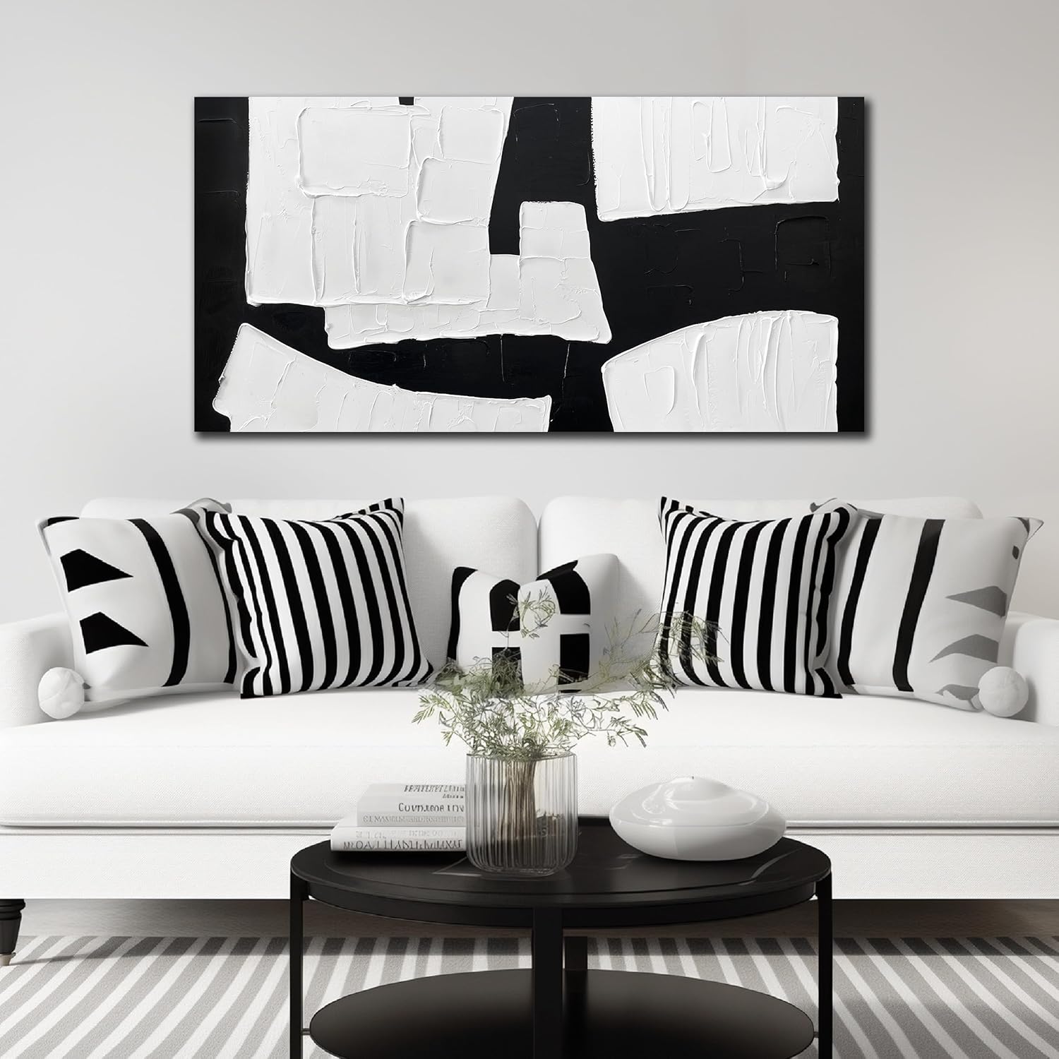 Hand-painted minimalist abstract wall art print on canvas with black geometric shapes on white background, 24 x 48 inch — view 2