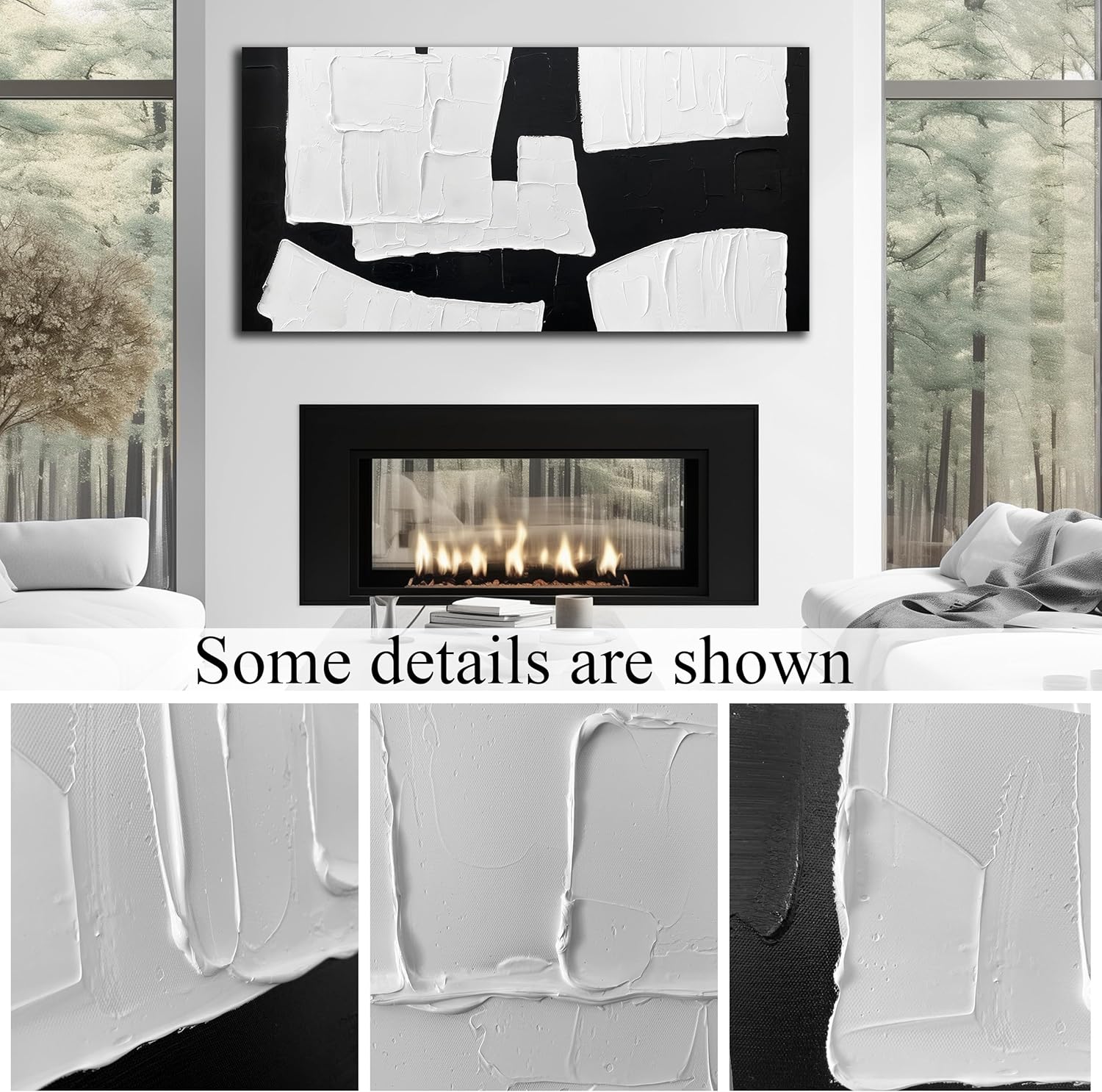 Hand-painted minimalist abstract wall art print on canvas with black geometric shapes on white background, 24 x 48 inch — view 3