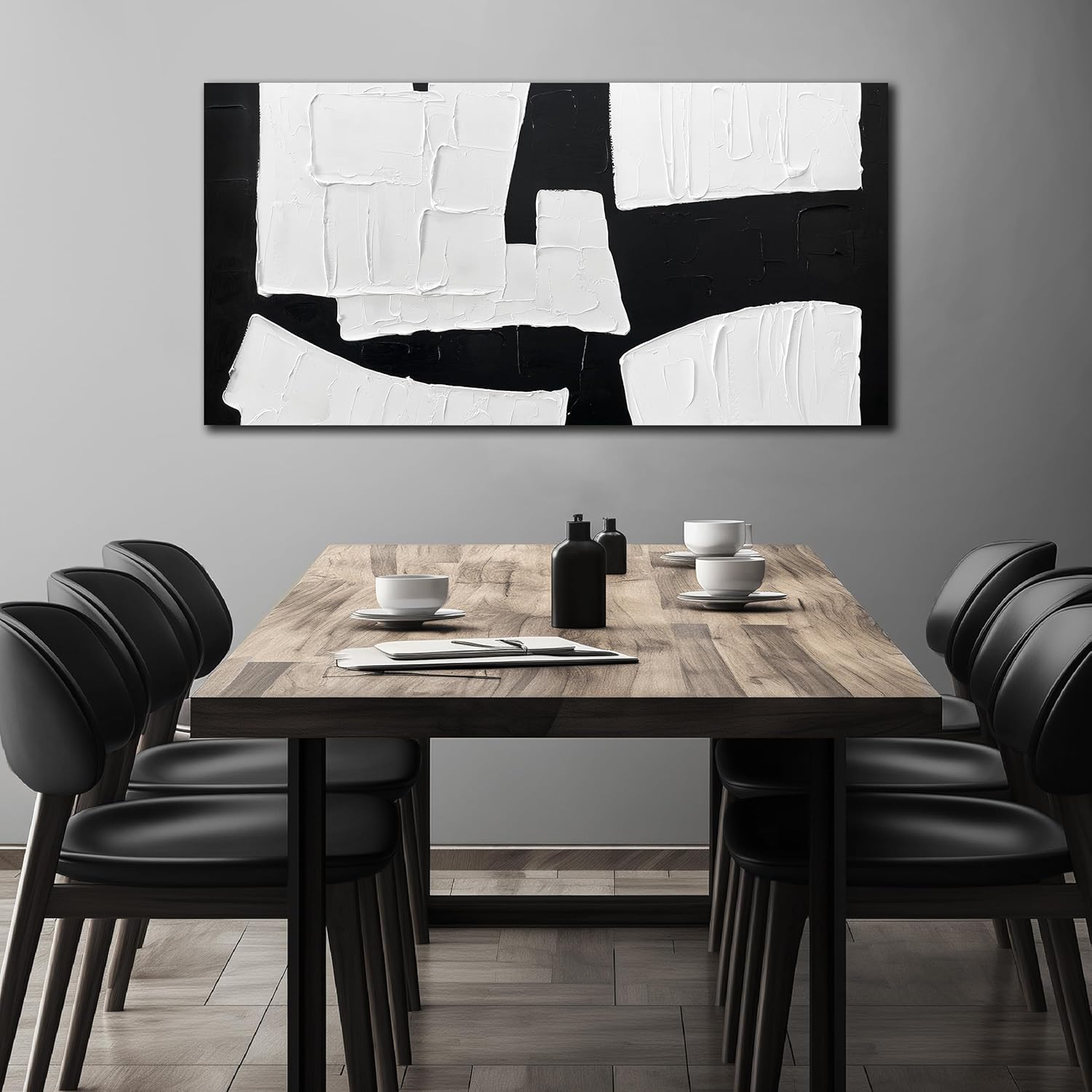 Hand-painted minimalist abstract wall art print on canvas with black geometric shapes on white background, 24 x 48 inch — view 2
