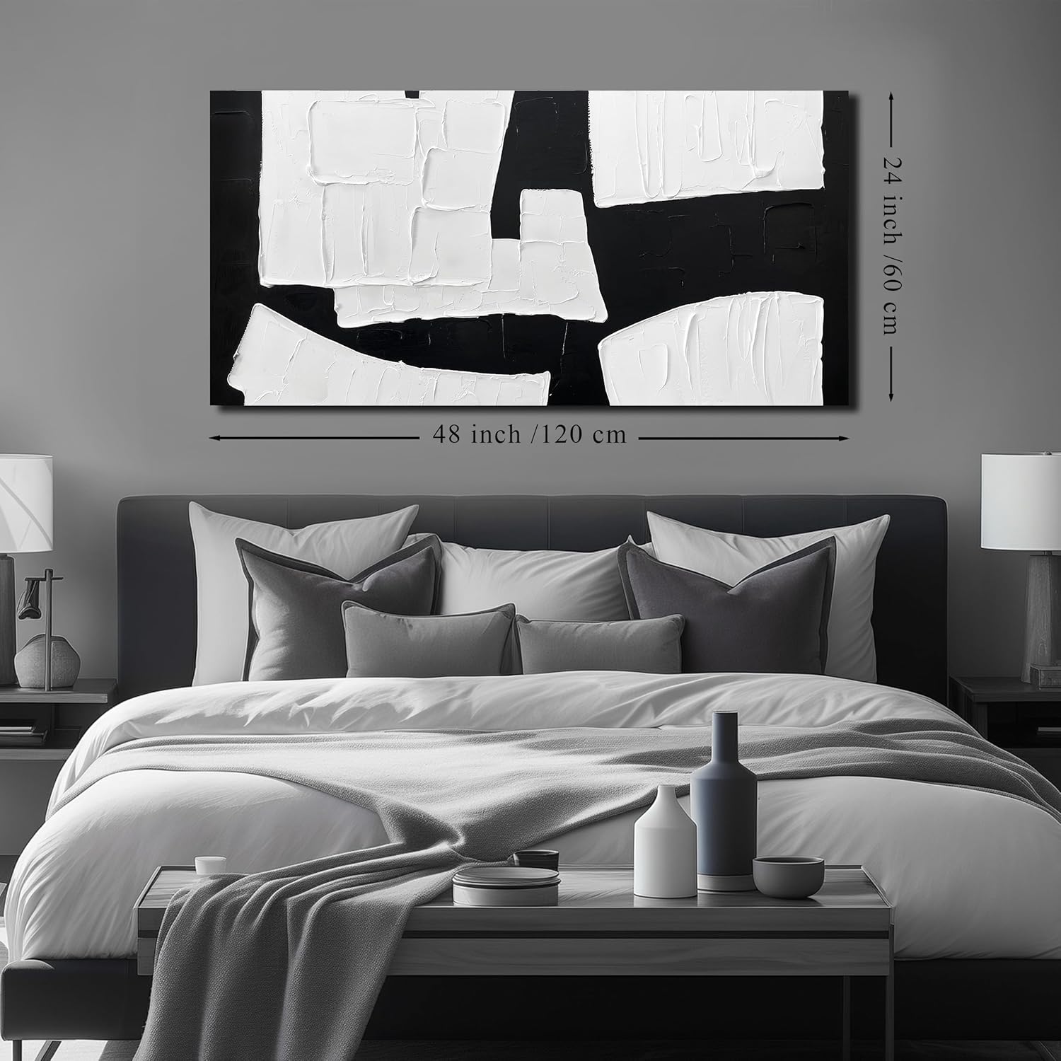 Hand-painted minimalist abstract wall art print on canvas with black geometric shapes on white background, 24 x 48 inch — view 3