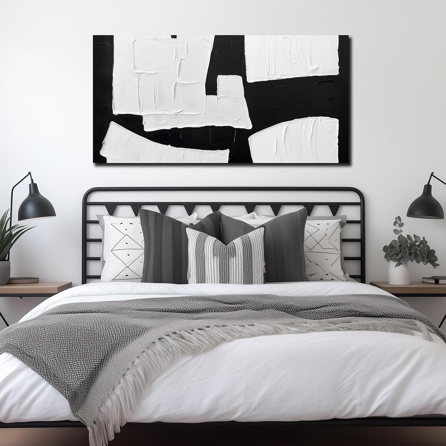 Hand-painted minimalist abstract wall art print on canvas with black geometric shapes on white background, 24 x 48 inch — view 4