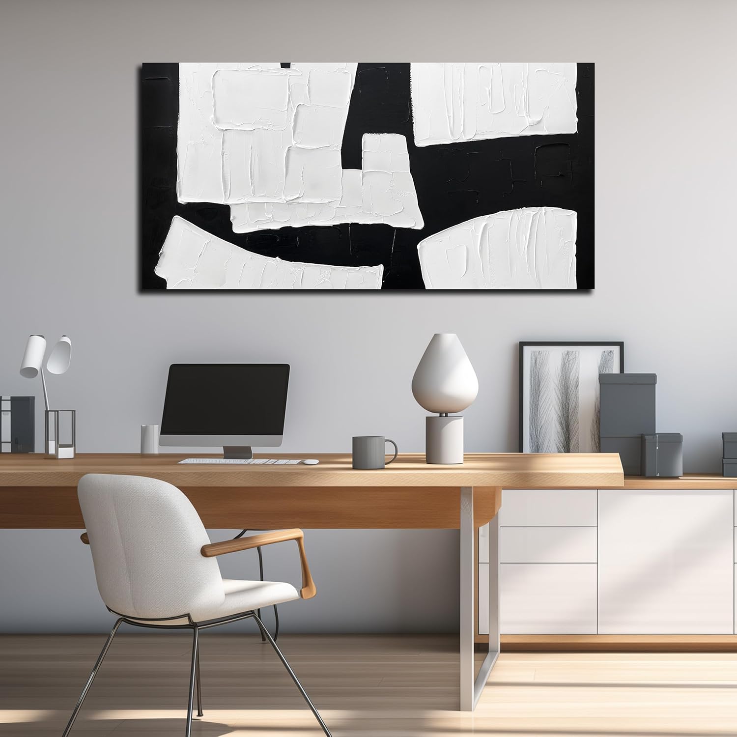 Hand-painted minimalist abstract wall art print on canvas with black geometric shapes on white background, 24 x 48 inch — view 5