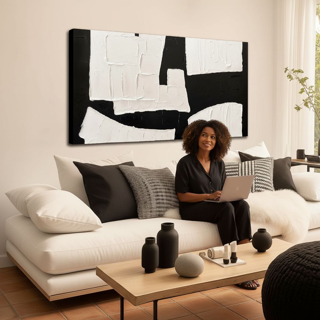 Hand-painted minimalist abstract wall art print on canvas with black geometric shapes on white background, 24 x 48 inch — view 3b