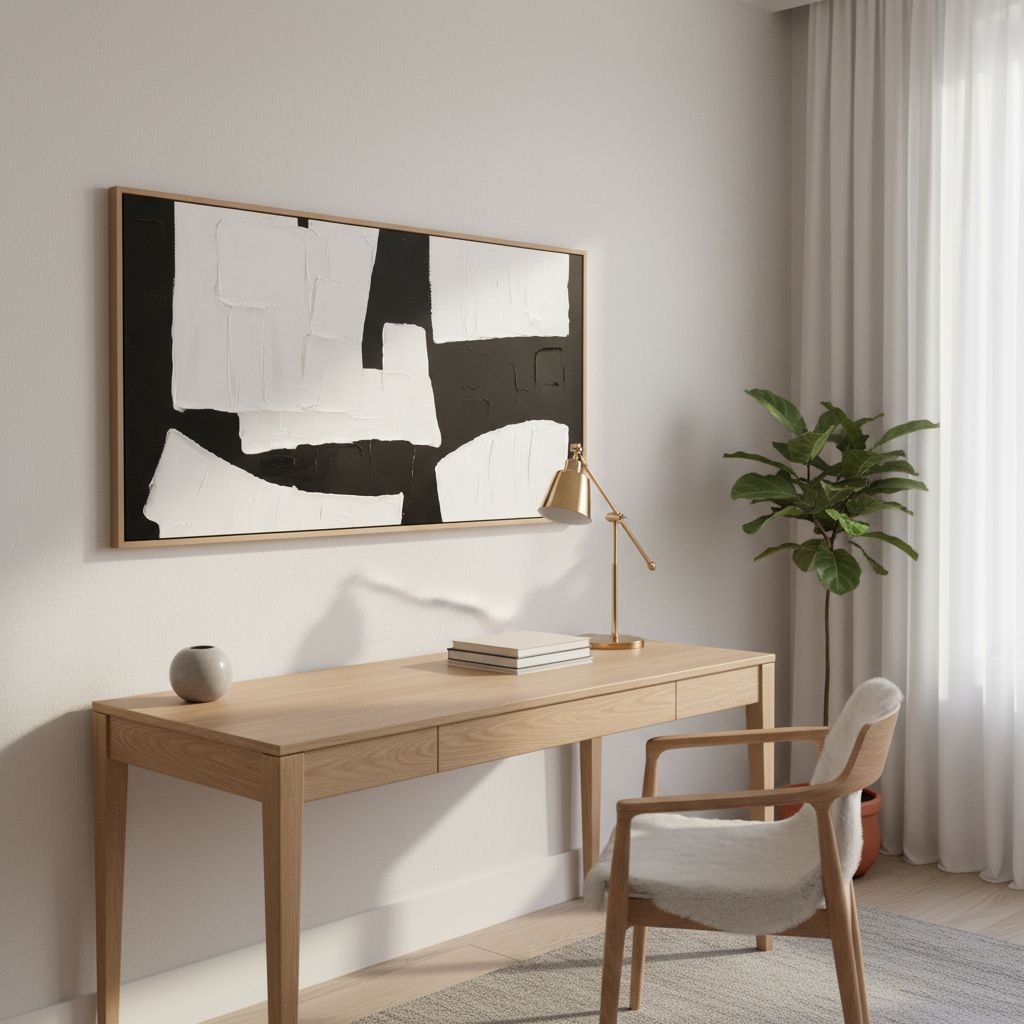 Hand-painted minimalist abstract wall art print on canvas with black geometric shapes on white background, 24 x 48 inch — view 5b