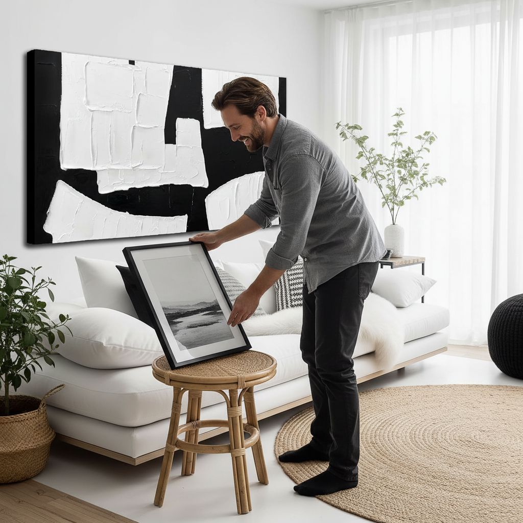Hand-painted minimalist abstract wall art print on canvas with black geometric shapes on white background, 24 x 48 inch — view 2