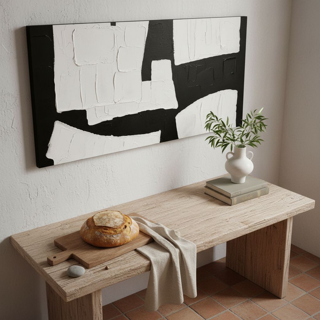 Hand-painted minimalist abstract wall art print on canvas with black geometric shapes on white background, 24 x 48 inch — view 3a