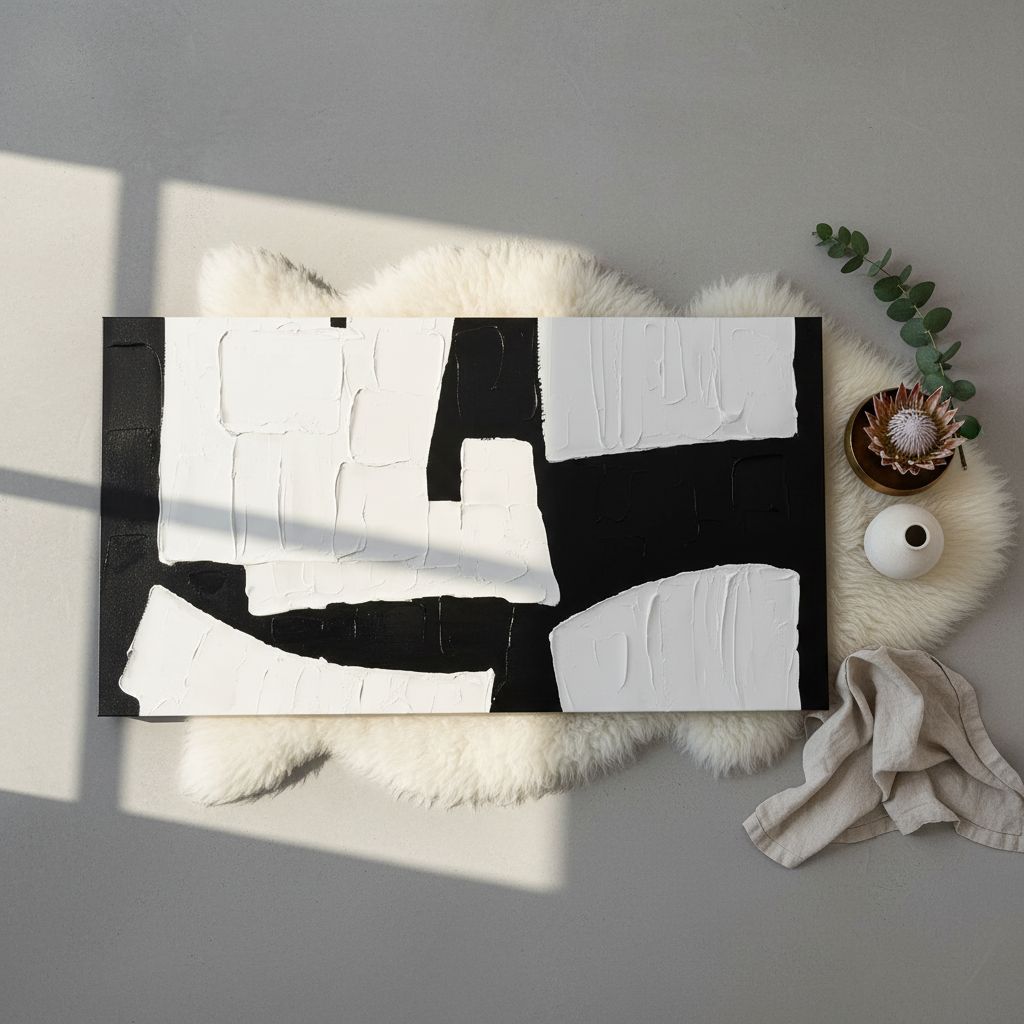 Hand-painted minimalist abstract wall art print on canvas with black geometric shapes on white background, 24 x 48 inch — hero view 2