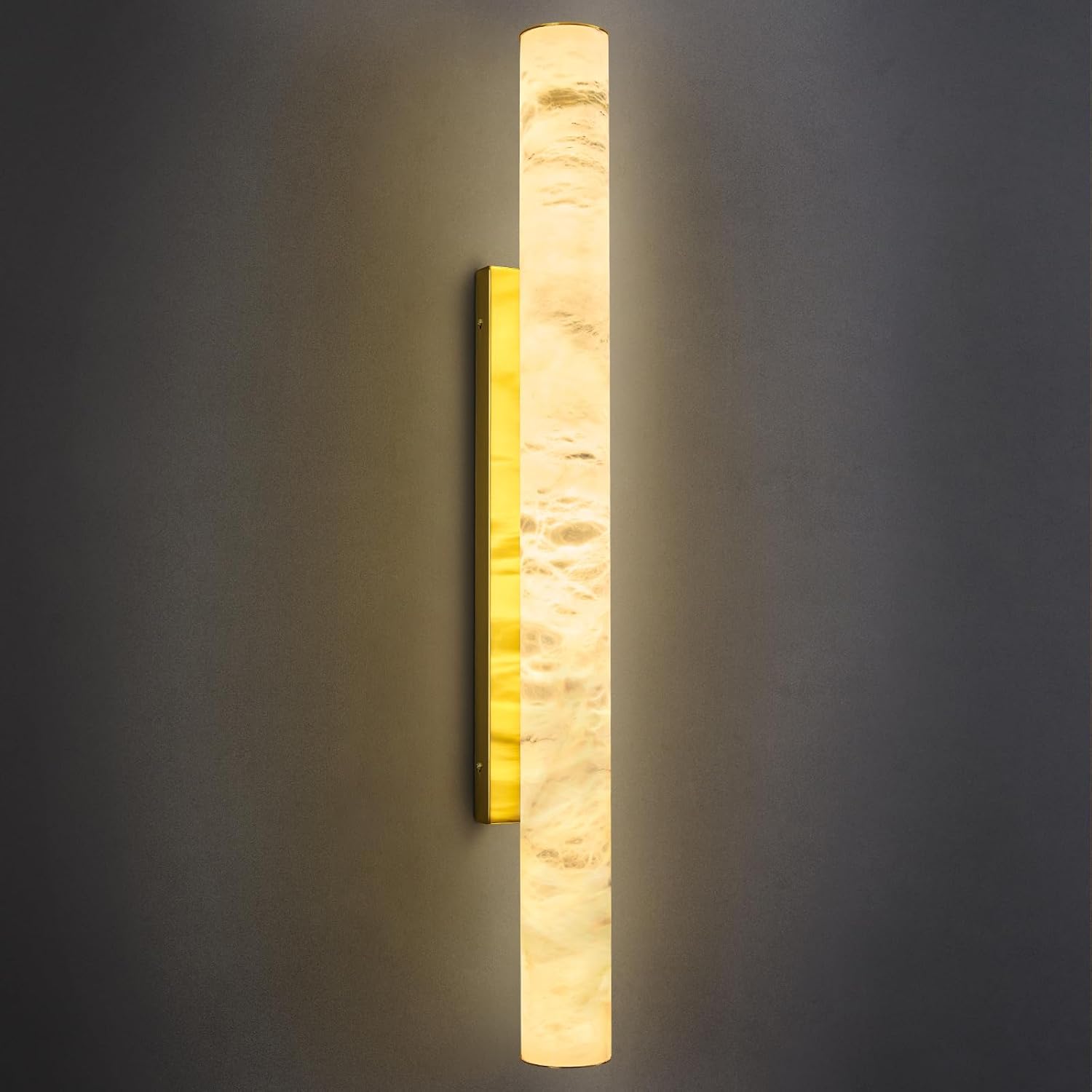 Modern cylindrical wall sconce with natural alabaster Spanish marble shade and brass gold metal fixture — view 1