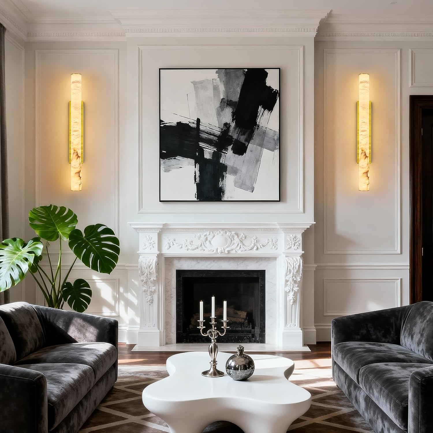 Modern cylindrical wall sconce with natural alabaster Spanish marble shade and brass gold metal fixture — view 4