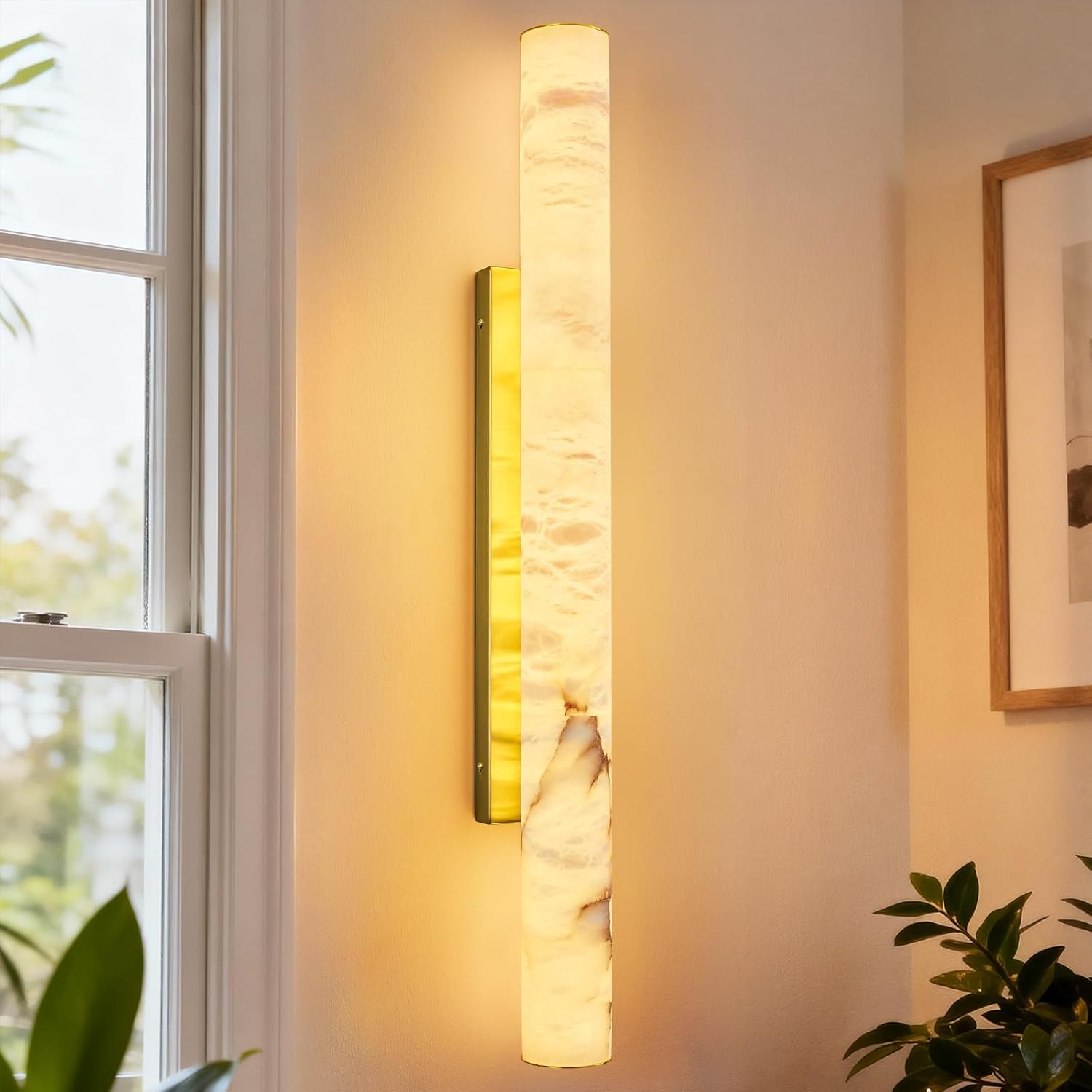 Modern cylindrical wall sconce with natural alabaster Spanish marble shade and brass gold metal fixture — view 2
