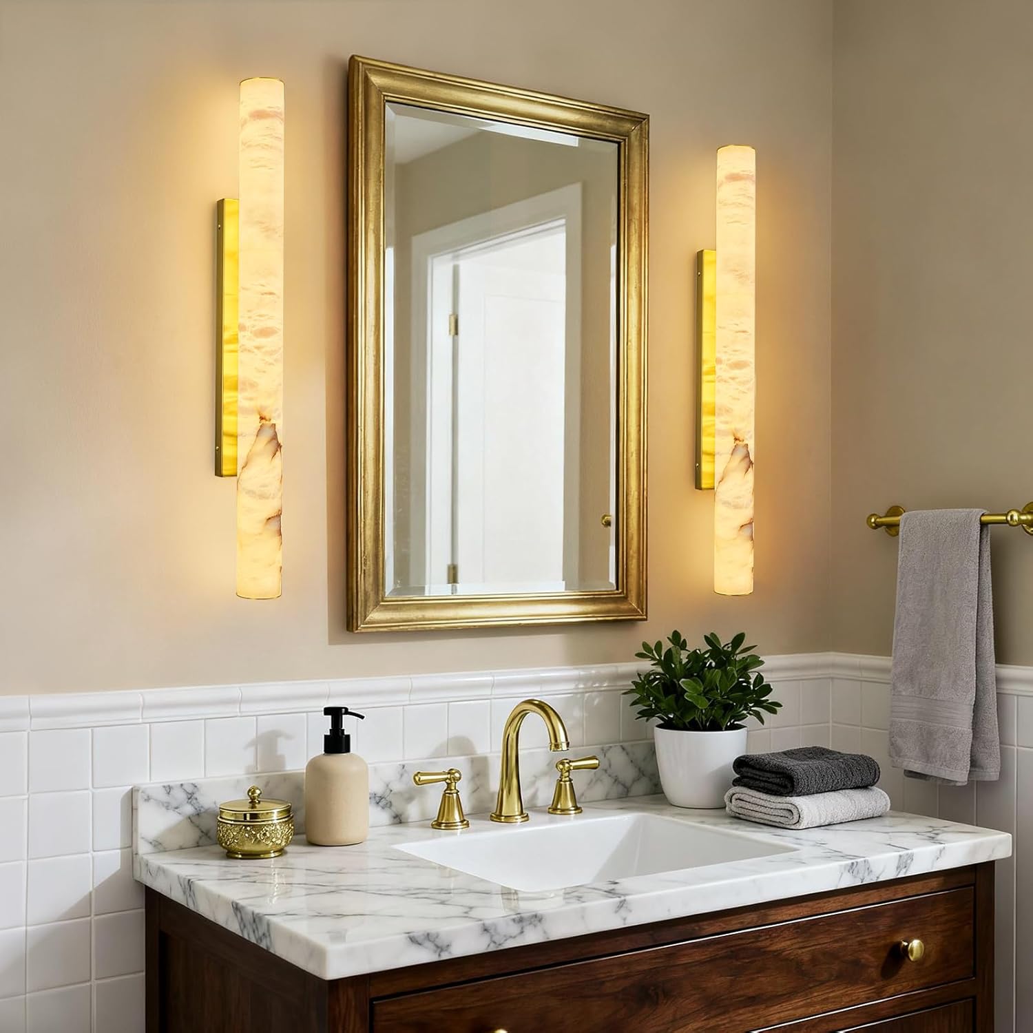 Modern cylindrical wall sconce with natural alabaster Spanish marble shade and brass gold metal fixture — view 3