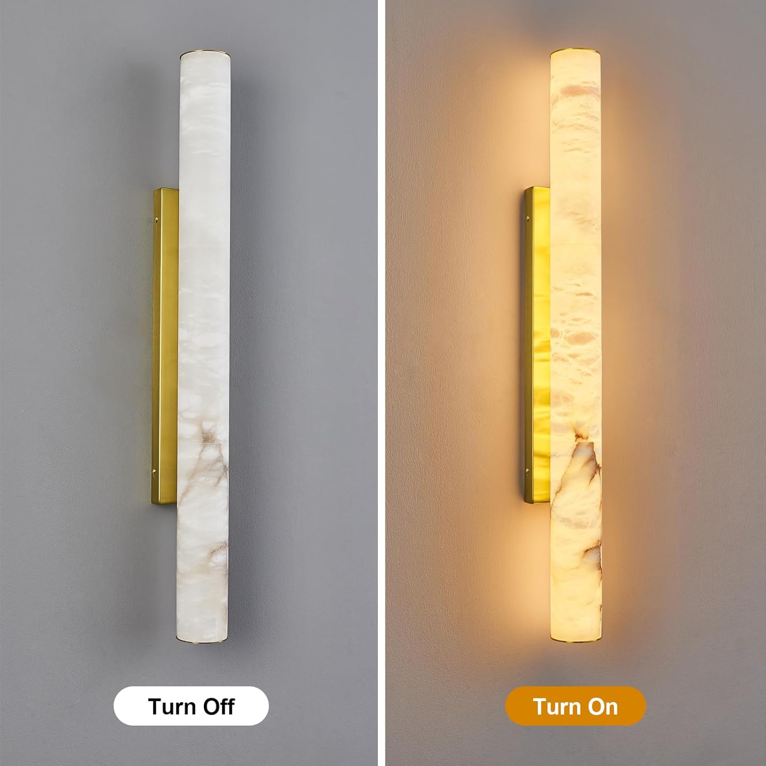 Modern cylindrical wall sconce with natural alabaster Spanish marble shade and brass gold metal fixture — view 4