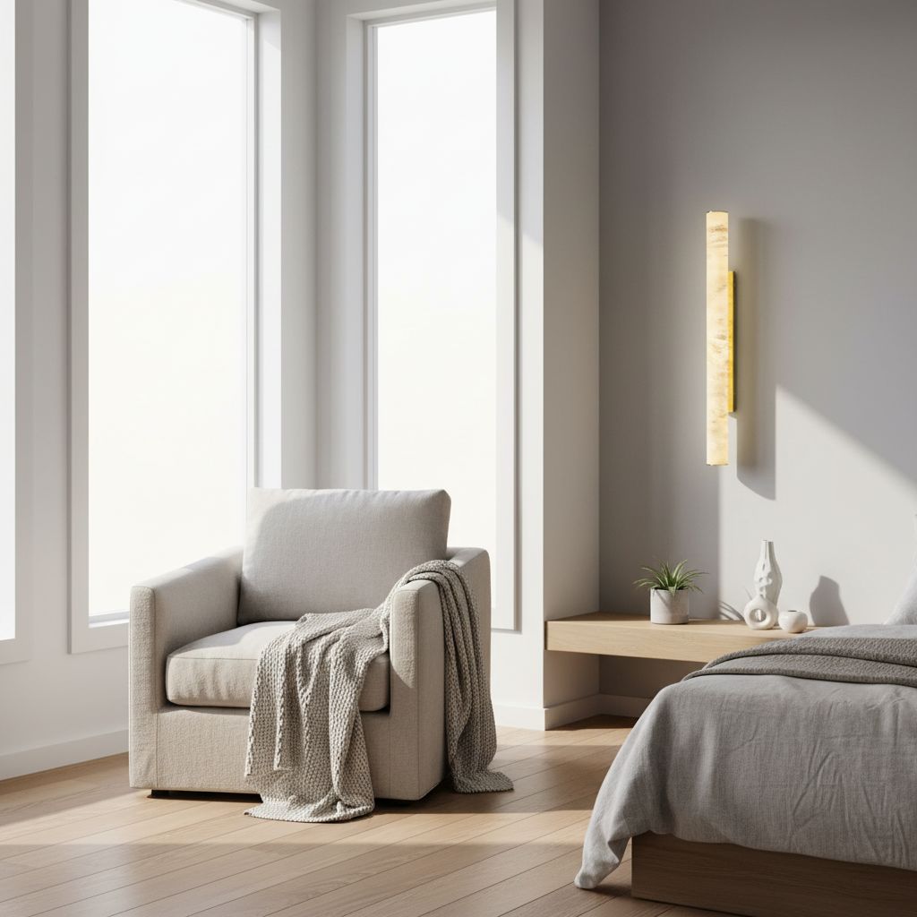 Modern cylindrical wall sconce with natural alabaster Spanish marble shade and brass gold metal fixture — view 5b