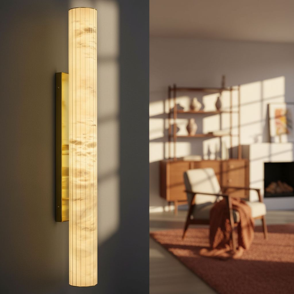 Modern cylindrical wall sconce with natural alabaster Spanish marble shade and brass gold metal fixture — view 7