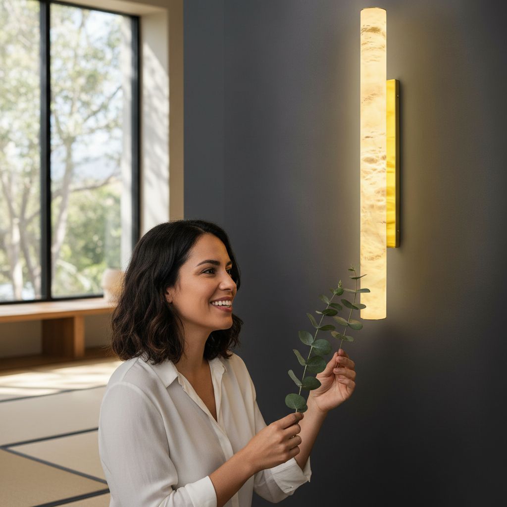 Modern cylindrical wall sconce with natural alabaster Spanish marble shade and brass gold metal fixture — view 2