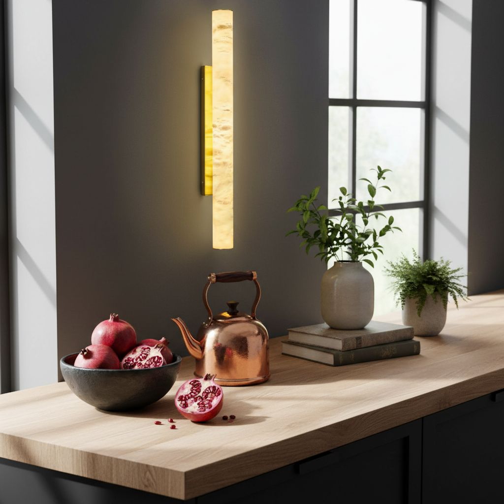 Modern cylindrical wall sconce with natural alabaster Spanish marble shade and brass gold metal fixture — view 3a