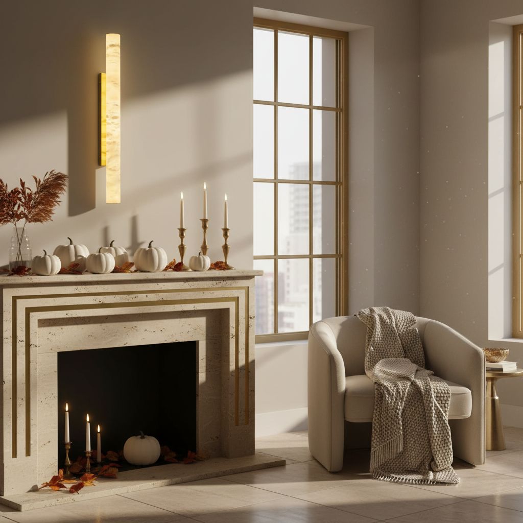 Modern cylindrical wall sconce with natural alabaster Spanish marble shade and brass gold metal fixture — view 4