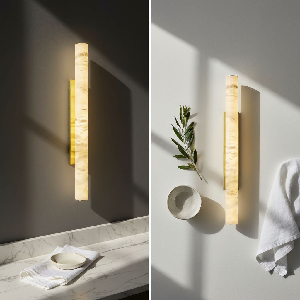 Modern cylindrical wall sconce with natural alabaster Spanish marble shade and brass gold metal fixture — hero view 2