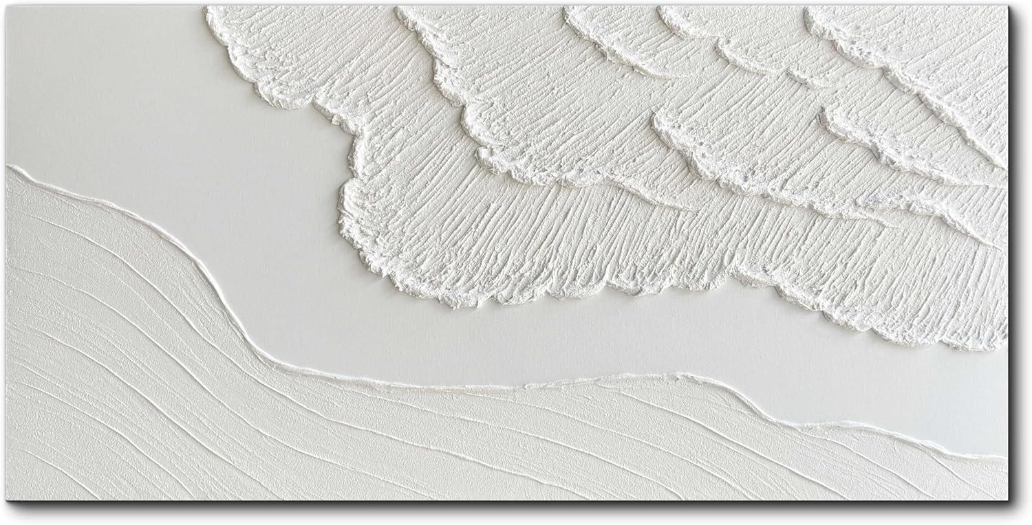Large textured white abstract wall canvas with coastal wave details, hand-painted oil on canvas in neutral tones — view 1