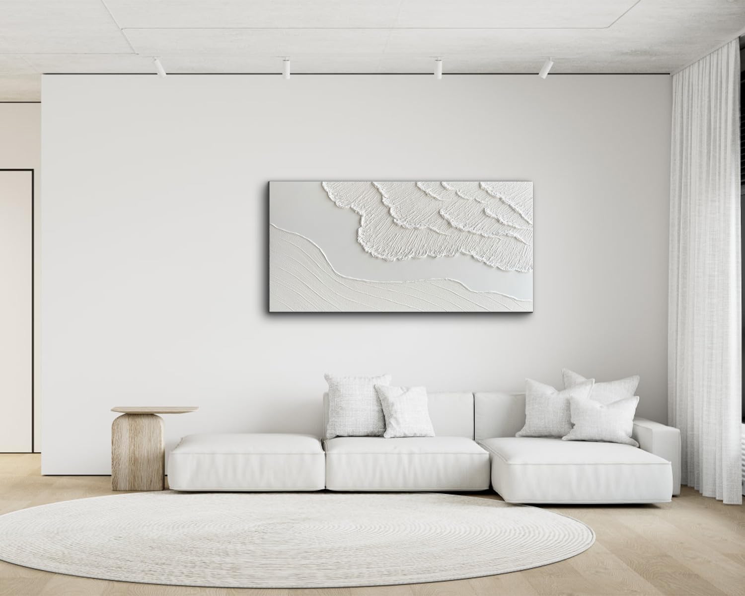 Large textured white abstract wall canvas with coastal wave details, hand-painted oil on canvas in neutral tones — view 3