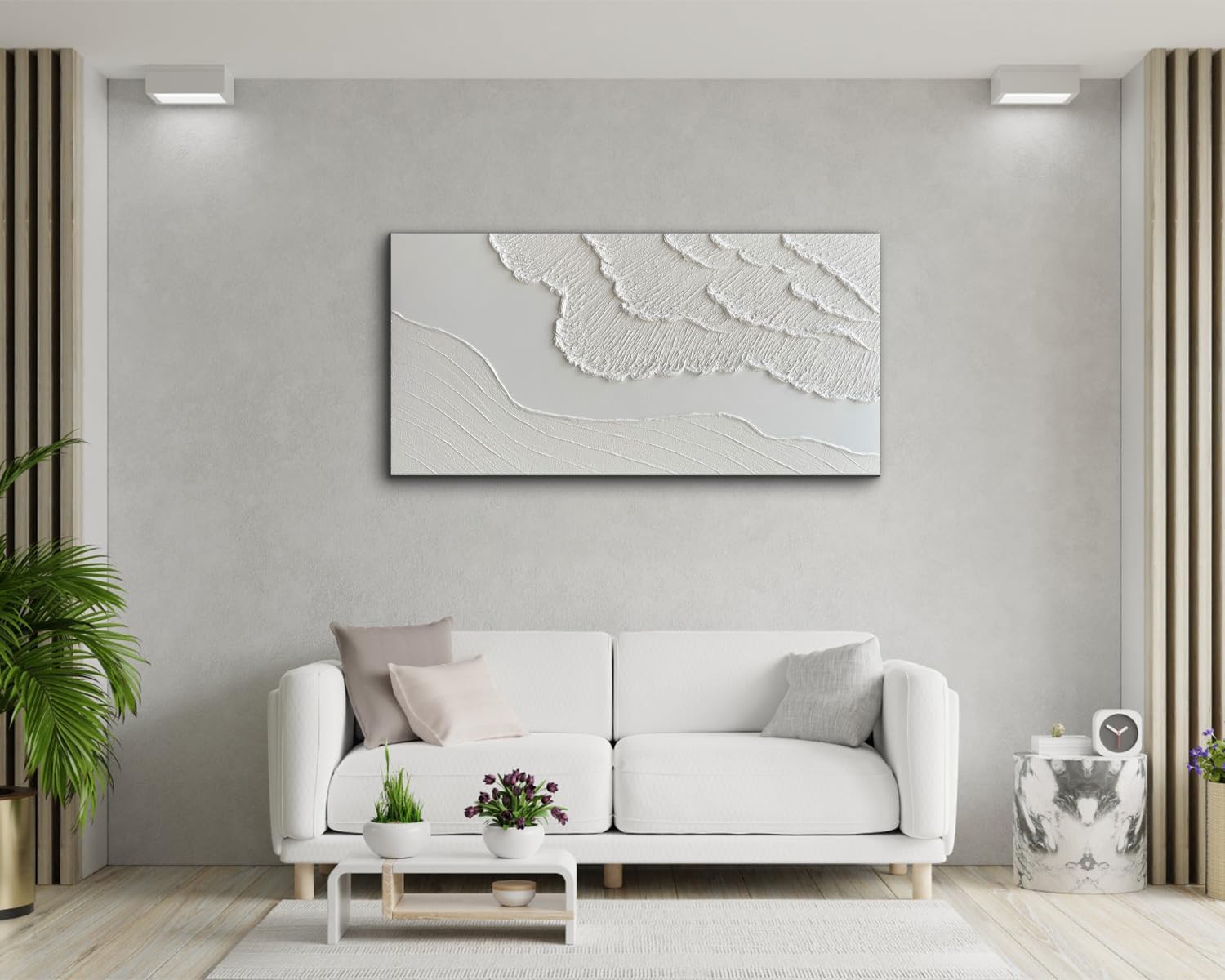 Large textured white abstract wall canvas with coastal wave details, hand-painted oil on canvas in neutral tones — view 4