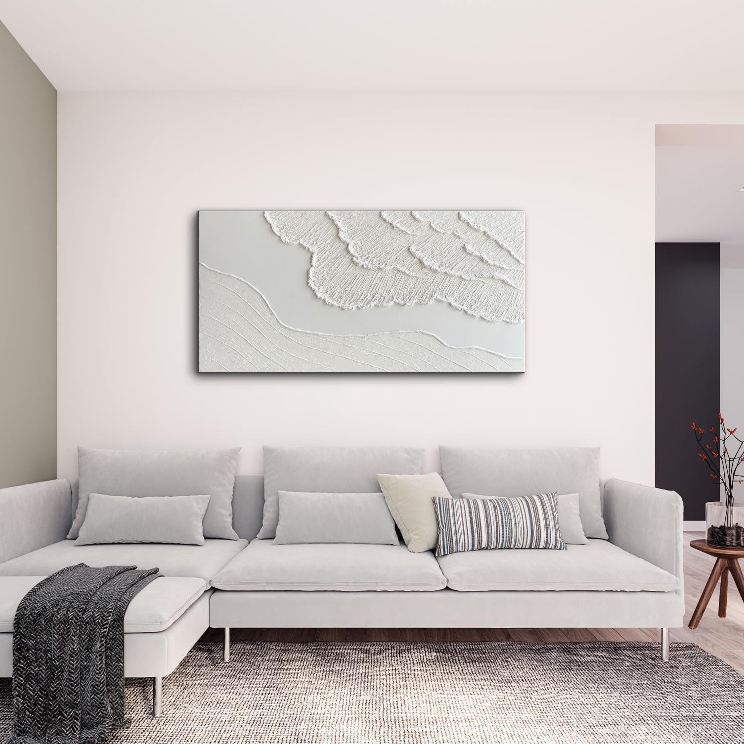 Large textured white abstract wall canvas with coastal wave details, hand-painted oil on canvas in neutral tones — view 2