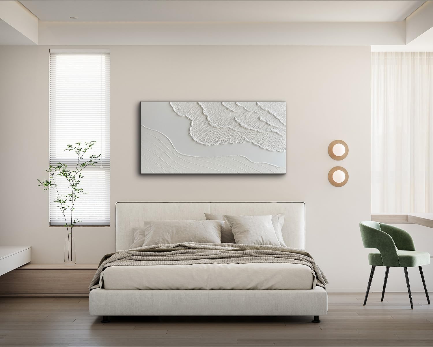 Large textured white abstract wall canvas with coastal wave details, hand-painted oil on canvas in neutral tones — view 3