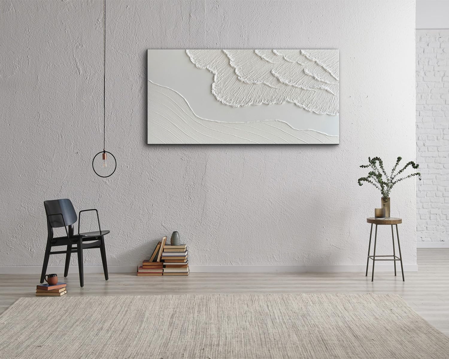 Large textured white abstract wall canvas with coastal wave details, hand-painted oil on canvas in neutral tones — view 4