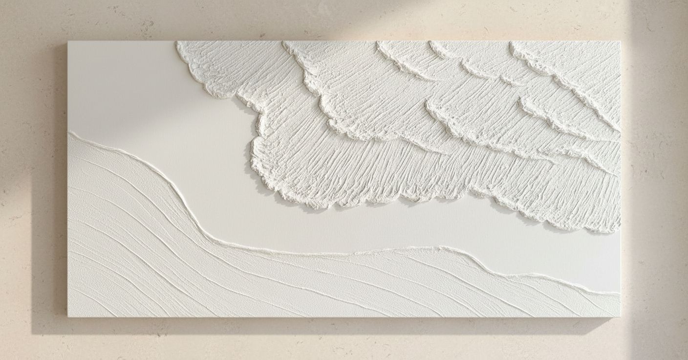 Large textured white abstract wall canvas with coastal wave details, hand-painted oil on canvas in neutral tones — hero view 1