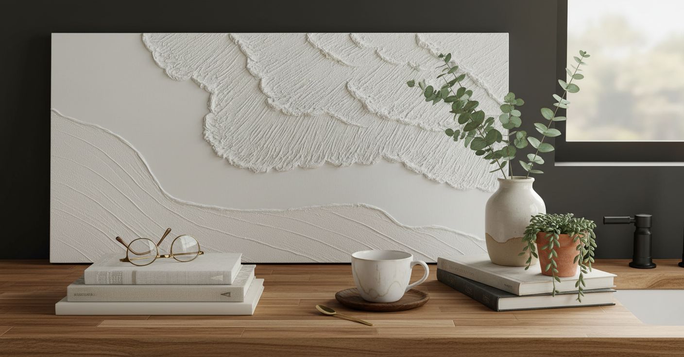 Large textured white abstract wall canvas with coastal wave details, hand-painted oil on canvas in neutral tones — view 3a