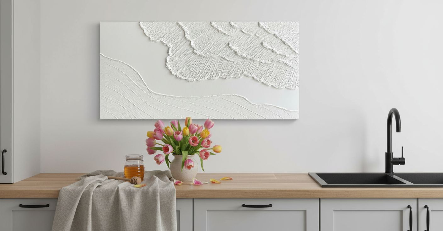 Large textured white abstract wall canvas with coastal wave details, hand-painted oil on canvas in neutral tones — view 4