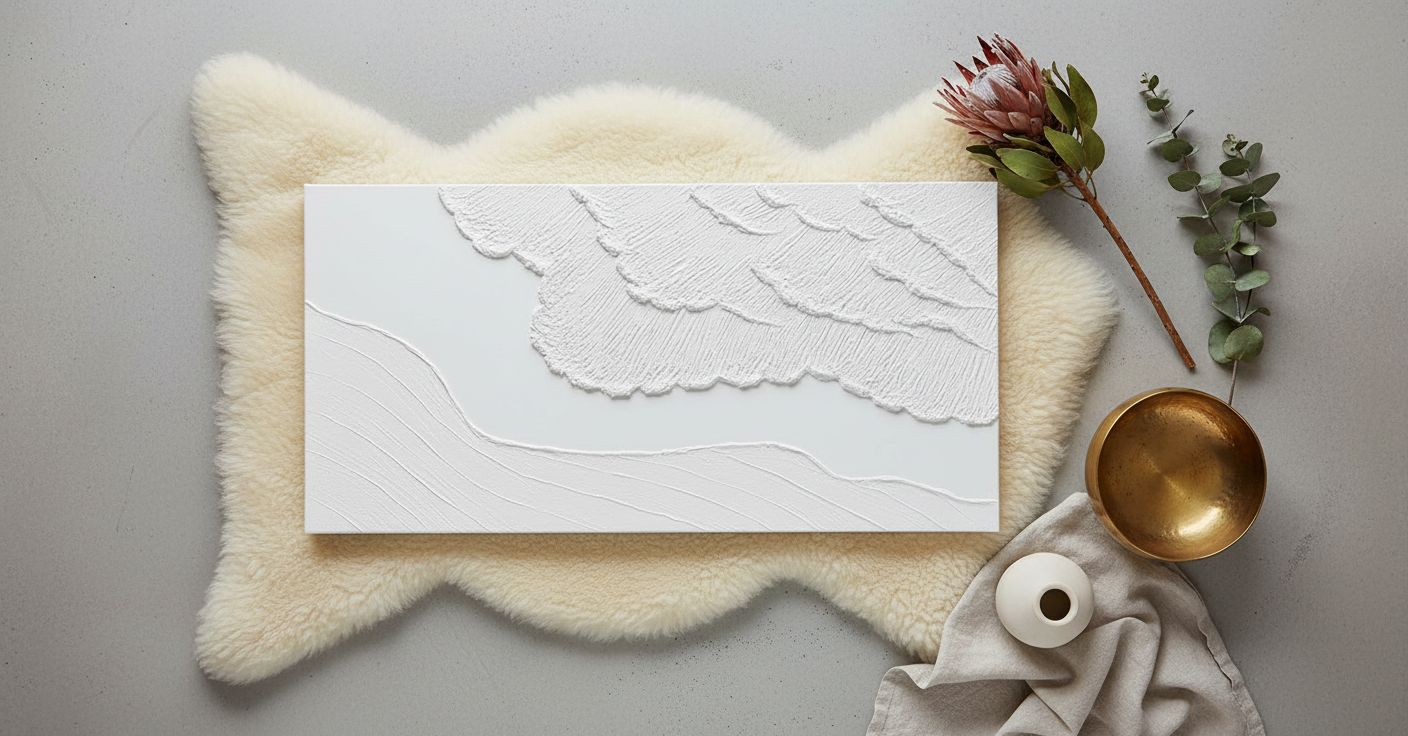 Large textured white abstract wall canvas with coastal wave details, hand-painted oil on canvas in neutral tones — hero view 2