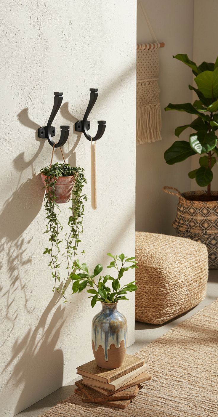 Matte black metal double wall hook with minimalist design, shown mounted on white wall — view 3a